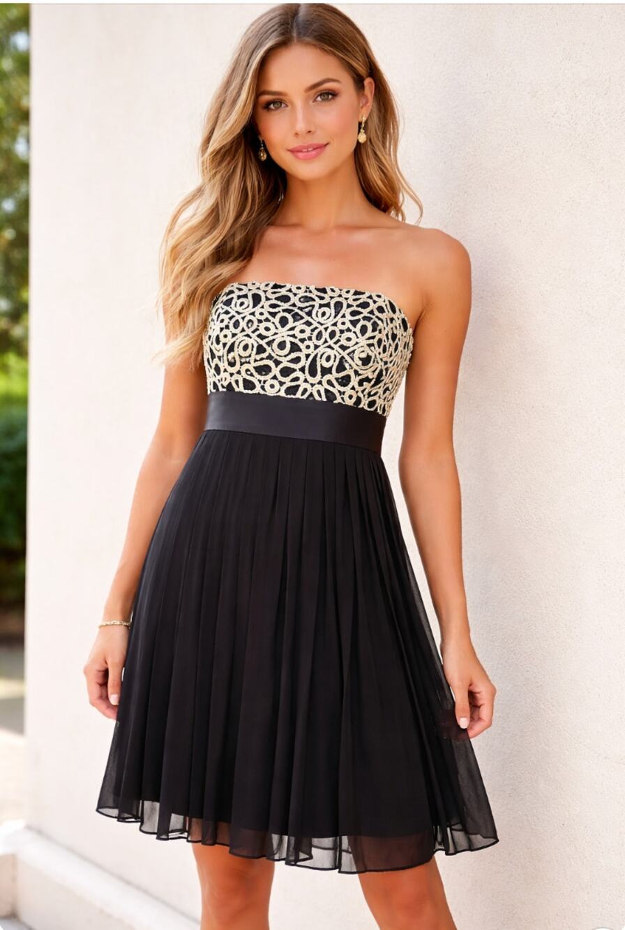 Lilly Pulitzer Julie Black Gold Strapless Chiffon Pleated Formal Dress Sz 4